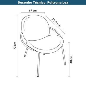 6 Poltrona Lea Rivatti 67 cm -Largura- Estofado em Boucle Off White e Base em Aco Preto Pintado a Po Desenho Tecnico